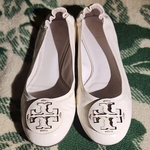 Tory Burch Laquer White Flats with Iconic Emblem